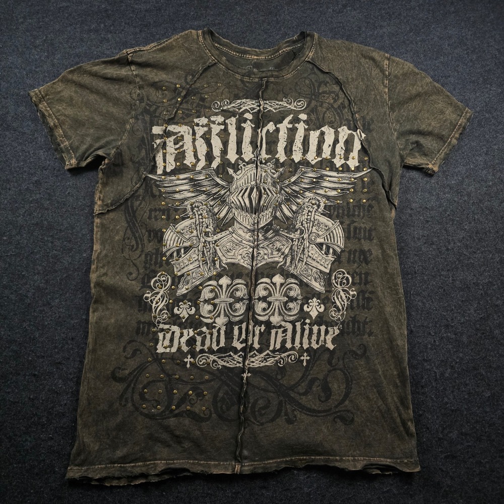 Affliction T-Shirt Brown Dead or Alive Knight Studded Distressed Y2K Men's L
